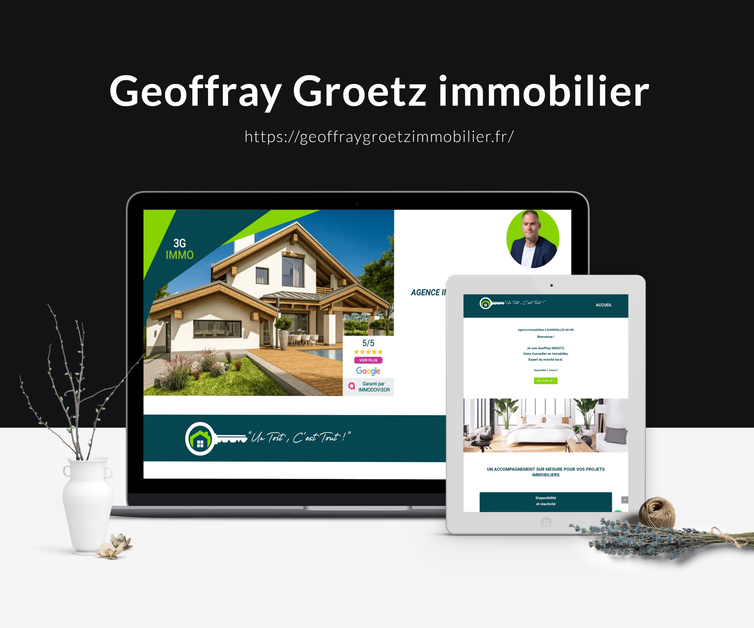 Web design - site internet - Geoffray-groetz-immobilier - Adrena Lign Image de type mockup, représentant un ordinateur de bureau et une tablette avec un extrait d'image du site internet de geoffray Groetz Immobilier - Web design Adrena Lign